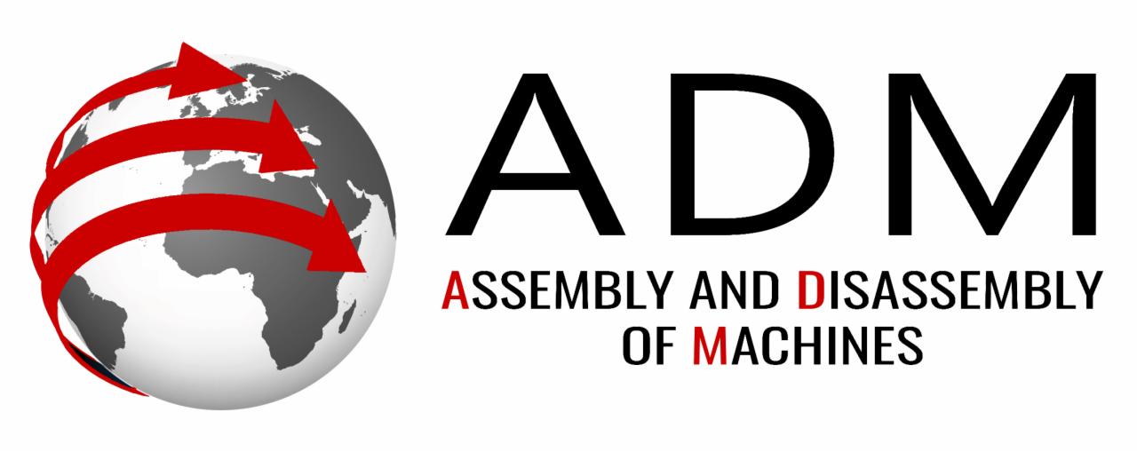 Grafika z globusem, czerwonymi strzałkami i napisem 'ADM ASSEMBLY AND DISASSEMBLY OF MACHINES'. Logo firmy.