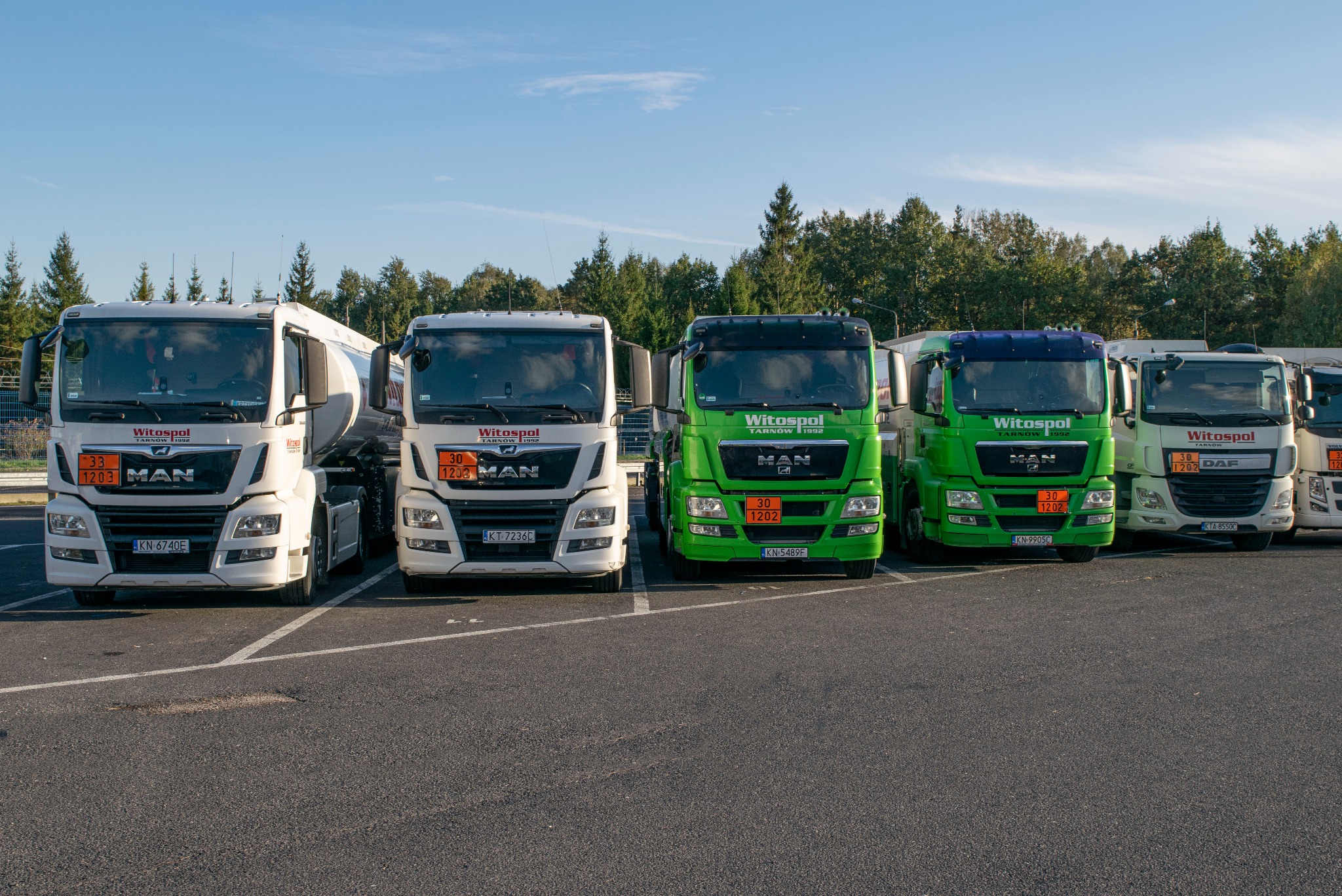 Flota cystern Witospol (MAN i DAF) w kolorach białym i zielonym, zaparkowana na parkingu. Widoczne tablice z numerami identyfikacyjnymi substancji niebezpiecznych.