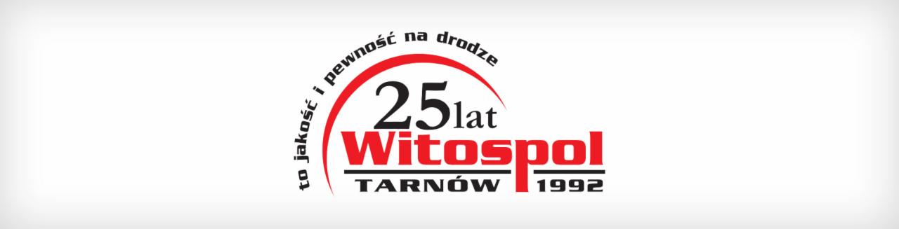 Logo firmy Witospol z Tarnowa, obchodzącej 25-lecie działalności, z hasłem 'to jakość i pewność na drodze' umieszczonym w łuku nad nazwą.