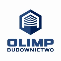 Logo firmy budowlanej Olimp: niebieski heksagon z motywem bramy garażowej i napisem Olimp Budownictwo.