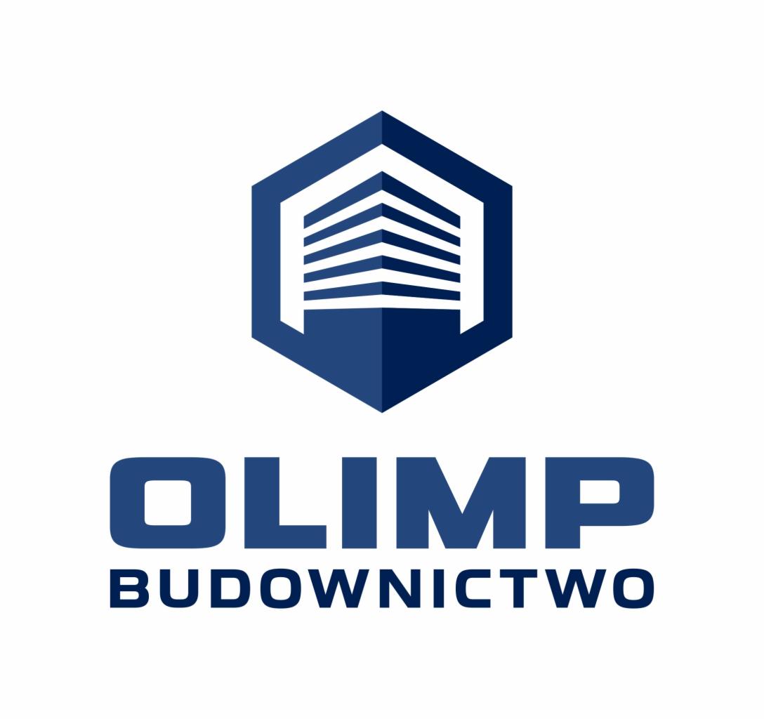 Logo firmy budowlanej Olimp: niebieski heksagon z motywem bramy garażowej i napisem Olimp Budownictwo.