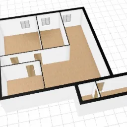 Schematyczny rzut 3D mieszkania z trzema pokojami, dwoma drzwiami i trzema oknami, przedstawiony z góry na siatkowanym tle.