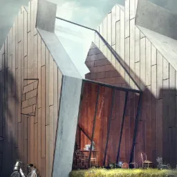 Wizualizacja nowoczesnego domu z drewnianą elewacją i elementami betonowymi, rower oparty o ścianę, widoczny fragment wnętrza z meblami.