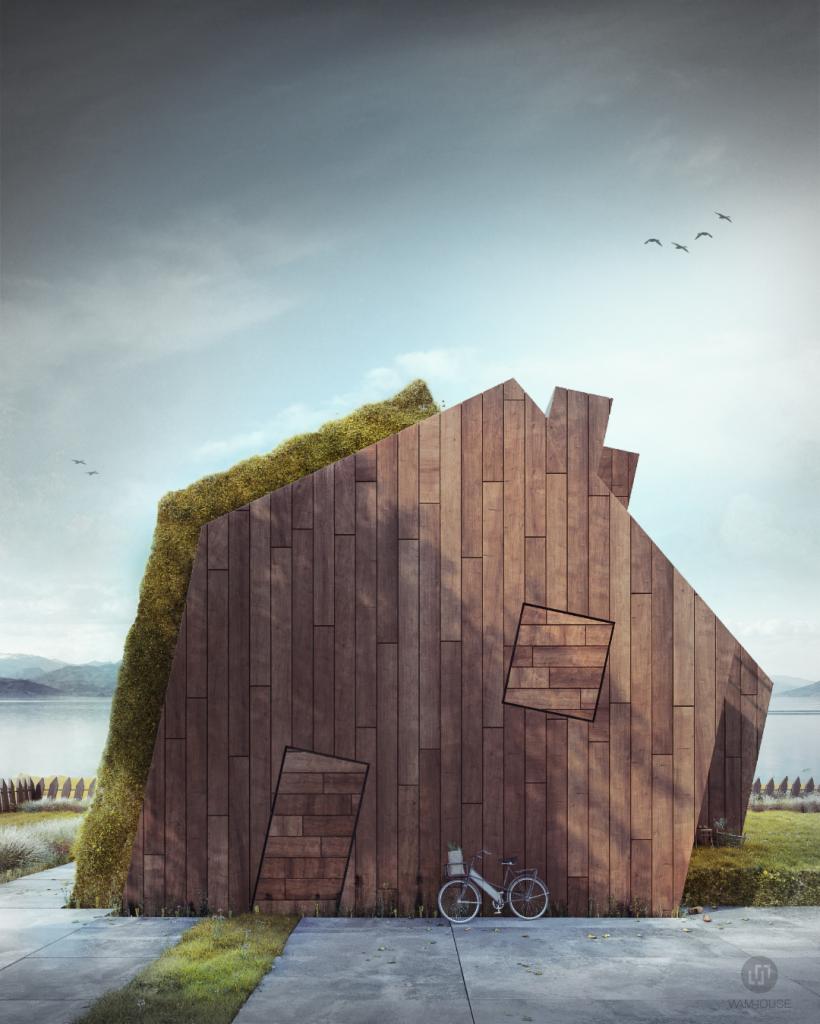Awangardowy dom w kształcie ikony domu, pokryty drewnianymi panelami i zielenią na dachu, z ukośnymi oknami i drzwiami, rower zaparkowany obok, jezioro w tle.