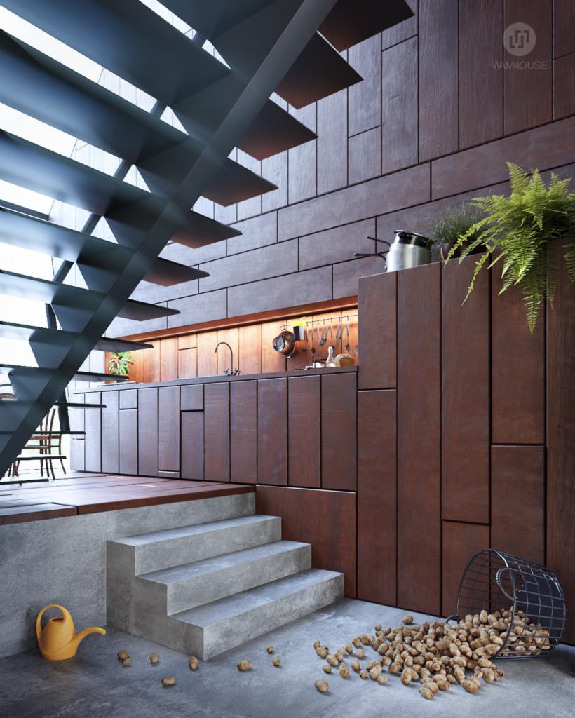 Nowoczesna kuchnia z drewnianymi szafkami, betonowymi schodami i metalowymi schodami ażurowymi, z rozsypanymi orzechami na podłodze i żółtą konewką obok schodów.
