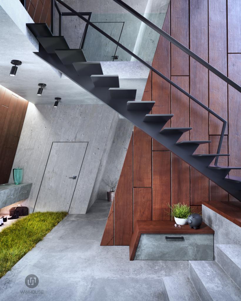 Nowoczesne wnętrze z betonową ścianą, ukrytymi drzwiami, metalowymi schodami i drewnianą okładziną, uzupełnione zielonym akcentem trawy i minimalistycznymi dekoracjami.