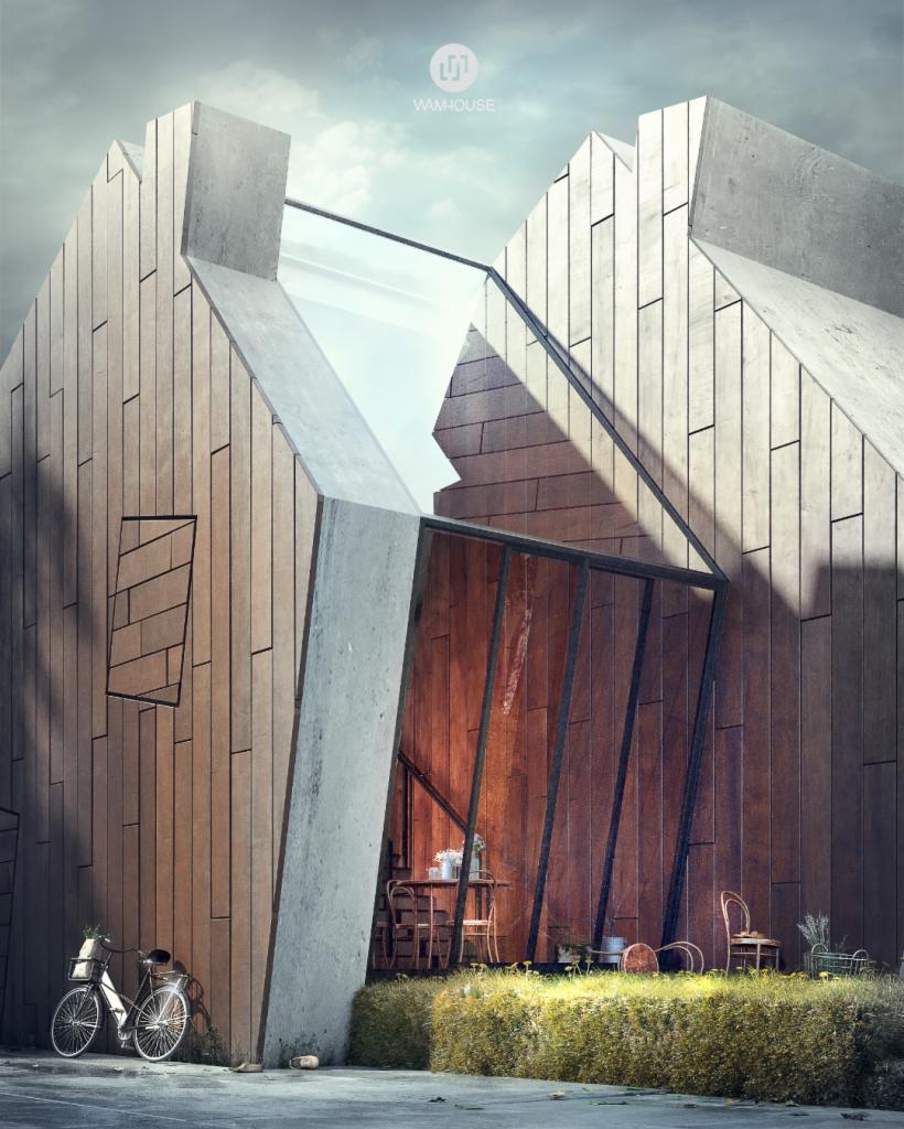 Wizualizacja nowoczesnego domu z drewnianą elewacją i elementami betonowymi, rower oparty o ścianę, widoczny fragment wnętrza z meblami.