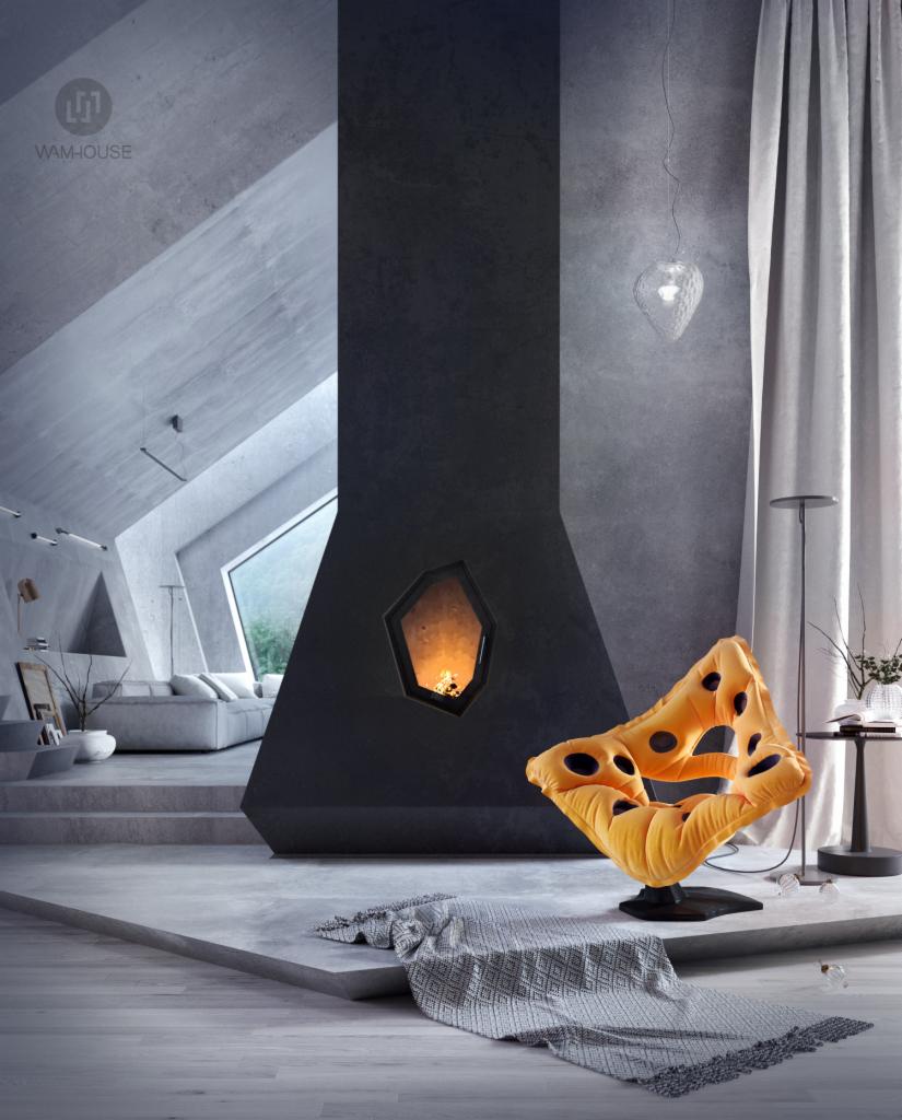 Nowoczesny salon z geometrycznym kominkiem, designerskim żółtym fotelem z otworami, szarą narzutą i betonowymi ścianami w minimalistycznym stylu.