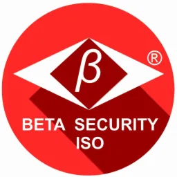 Logo Beta Security ISO: czerwone koło z biało-czerwonym symbolem beta w rombie, cień, napis BETA SECURITY ISO. Znak zarejestrowany.