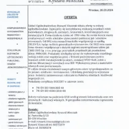 Skan dokumentu ofertowego Zakładu Ogólnobudowlanego Ryszarda Miszczaka z Wrocławia, wymieniającego zakres usług budowlanych i remontowych, datowany na 26.03.2024, z adresem, numerami telefonów...