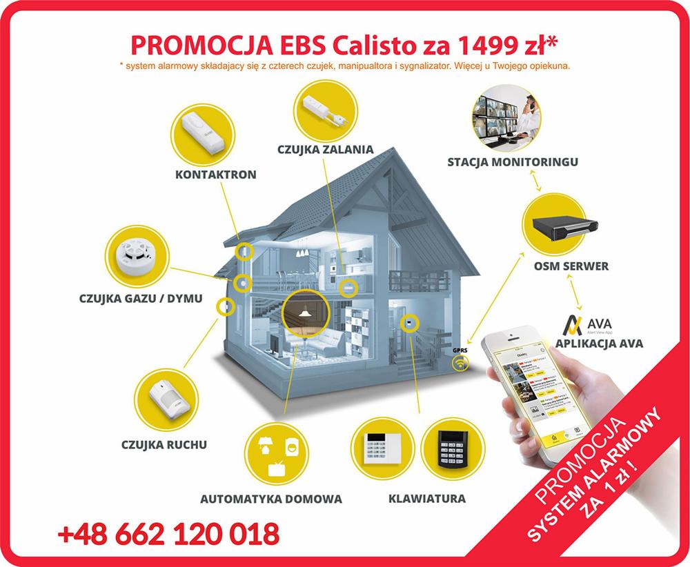 Ilustracja systemu alarmowego EBS Calisto z Legnicy, prezentująca czujniki (zalania, gazu/dymu, ruchu), kontaktron, automatykę domową, klawiaturę, serwer OSM, aplikację AVA i stację monitoringu...
