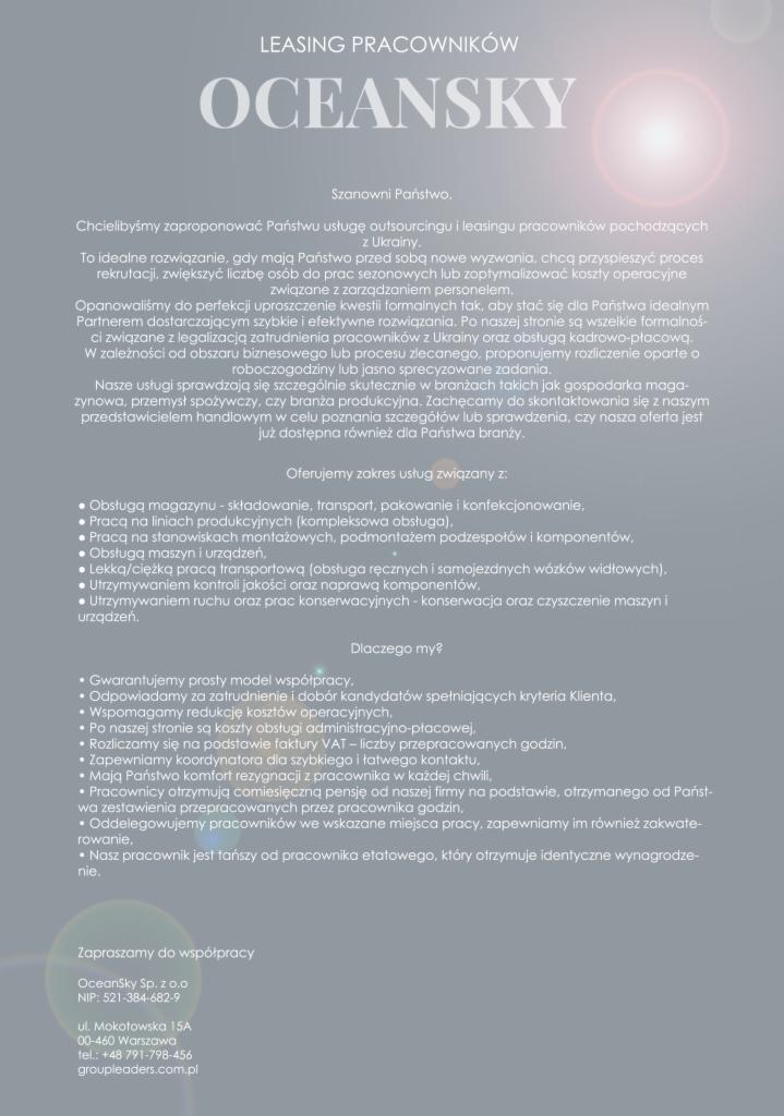 Tekst reklamowy firmy Oceansky oferującej outsourcing i leasing pracowników z Ukrainy, wymieniający zakres usług związanych z obsługą magazynu, linii produkcyjnych, montażu, transportu i konserwacji.