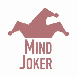 Logo 'Mind Joker' z stylizowanym kapeluszem błazna w kolorze brudnego różu, umieszczonym nad nazwą firmy.