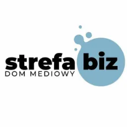 Logo firmy Strefa Biz Dom Mediowy z niebieskim okręgiem i kroplami.