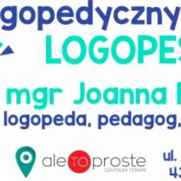 Grafika reklamowa gabinetu logopedycznego dla dzieci LOGOPESTKA, mgr Joanna Rotyńska, z ilustracją megafonu i danymi kontaktowymi: numer telefonu i adres w Bielsko-Białej.