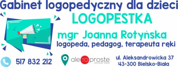 Grafika reklamowa gabinetu logopedycznego dla dzieci LOGOPESTKA, mgr Joanna Rotyńska, z ilustracją megafonu i danymi kontaktowymi: numer telefonu i adres w Bielsko-Białej.