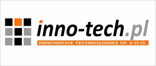 Logo firmy inno-tech.pl z kwadratową grafiką w kolorach czarnym, szarym i pomarańczowym oraz napisem 'INNOVATIVE TECHNOLOGIES SP. Z O.O.'