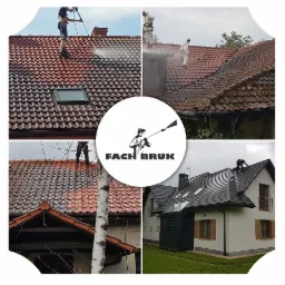 Montaż zdjęć: Czyszczenie dachu z dachówki ceramicznej i betonowej, różne etapy pracy, pracownicy z zabezpieczeniami, logo firmy na środku.