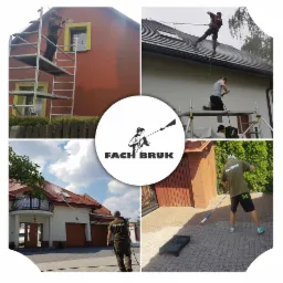 Montaż zdjęć: pracownik na rusztowaniu czyści elewację budynku, pracownik zabezpieczony linami czyści dach, pracownik czyści podjazd z kostki brukowej, logo firmy w centrum kolażu.