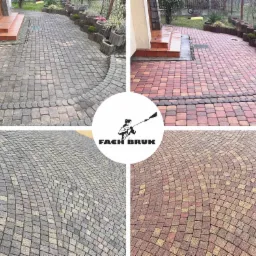 Mozaika czterech ujęć kostki brukowej przed i po czyszczeniu, z logo firmy Fach Bruk pośrodku, ukazująca różnicę w kolorze i czystości.