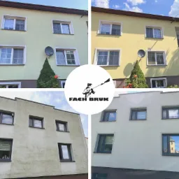 Czteroczęściowy kolaż przedstawia budynek przed i po czyszczeniu elewacji; górna część ukazuje jasny, żółty budynek z satelitą i roślinnością, dolna część prezentuje budynek z szarą elewacją...