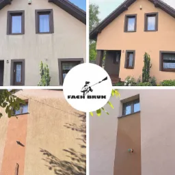 Montaż zdjęć elewacji domu przed i po odświeżeniu, z logo firmy pośrodku