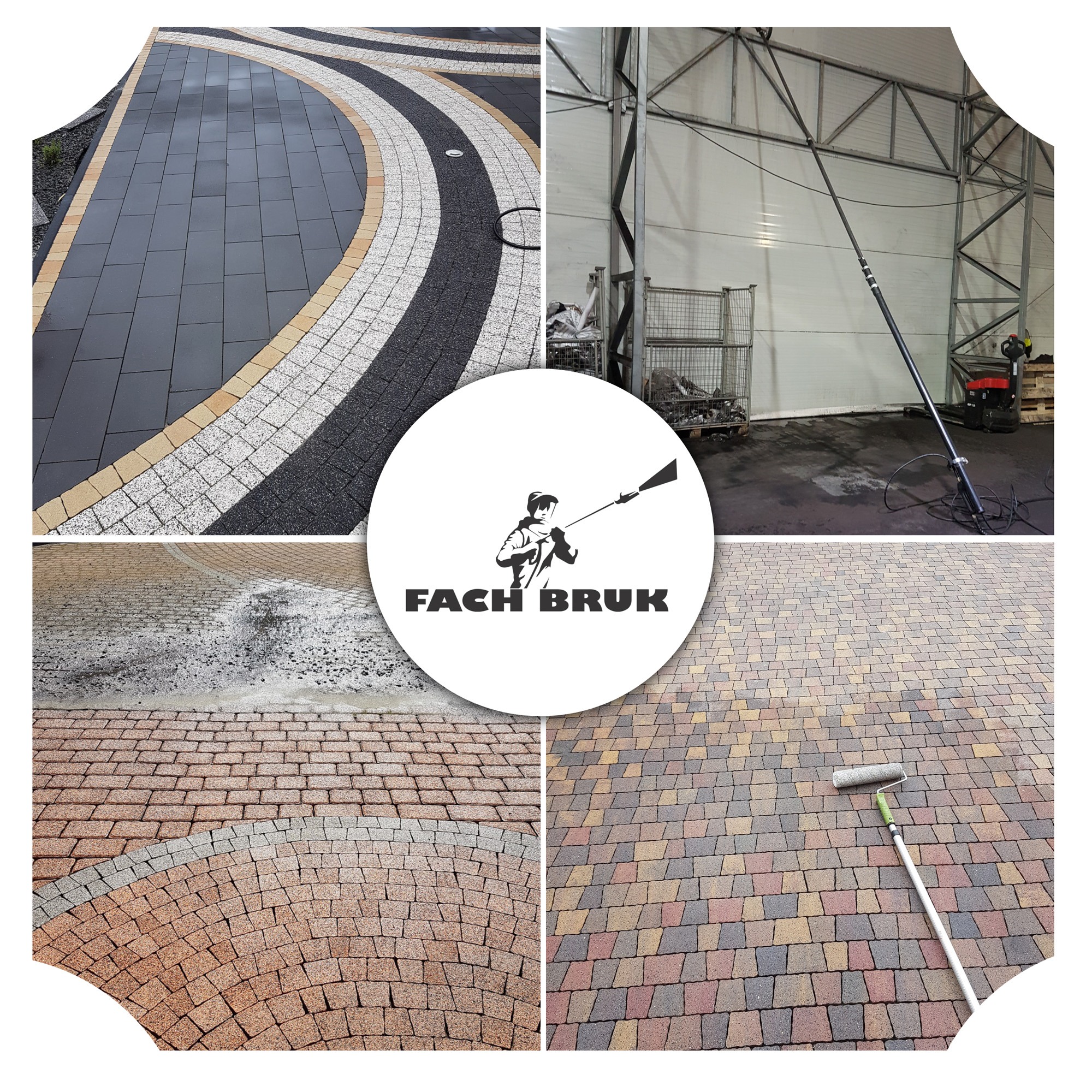 Kompozycja zdjęć brukowanej nawierzchni z logo firmy Fach Bruk w centrum, ukazująca różne wzory ułożenia kostki i narzędzie do impregnacji.