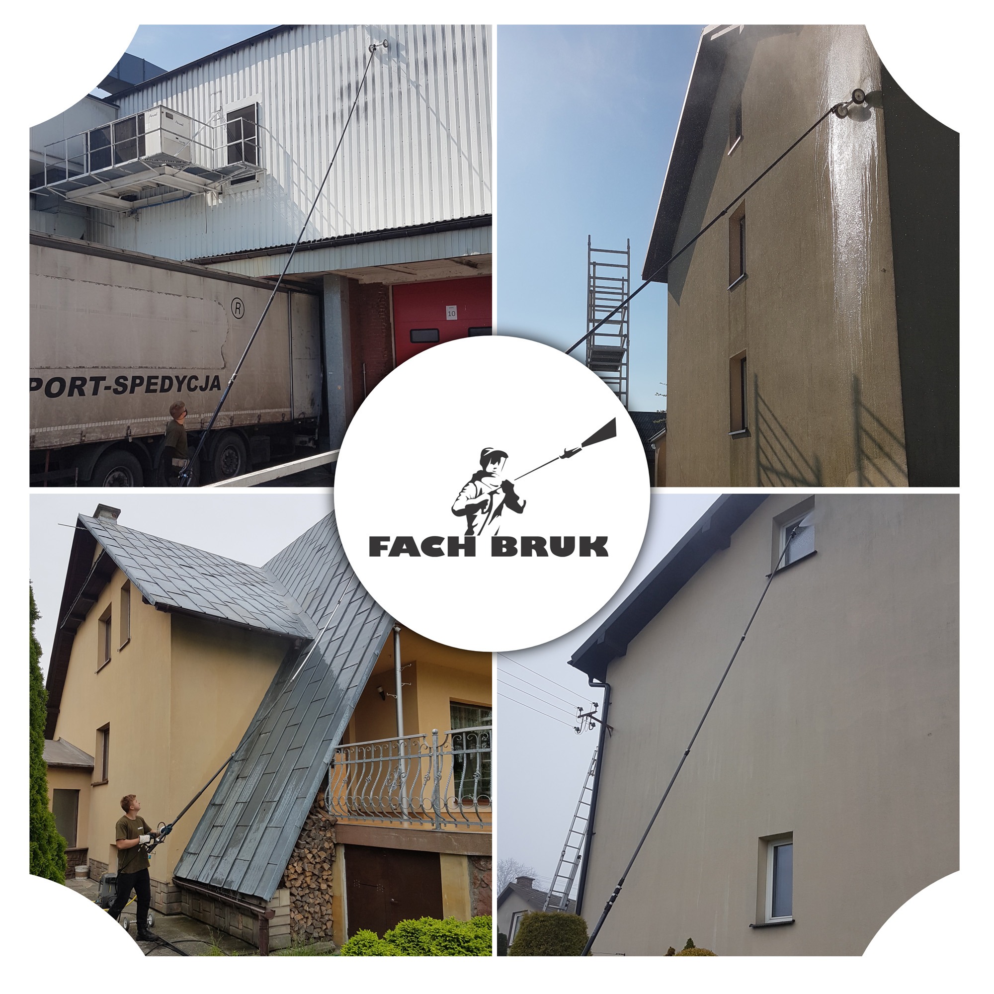 Mozaika zdjęć przedstawiających czyszczenie elewacji budynków różnego typu za pomocą lancy teleskopowej i myjki ciśnieniowej, w centrum logo firmy 'Fach Bruk'.
