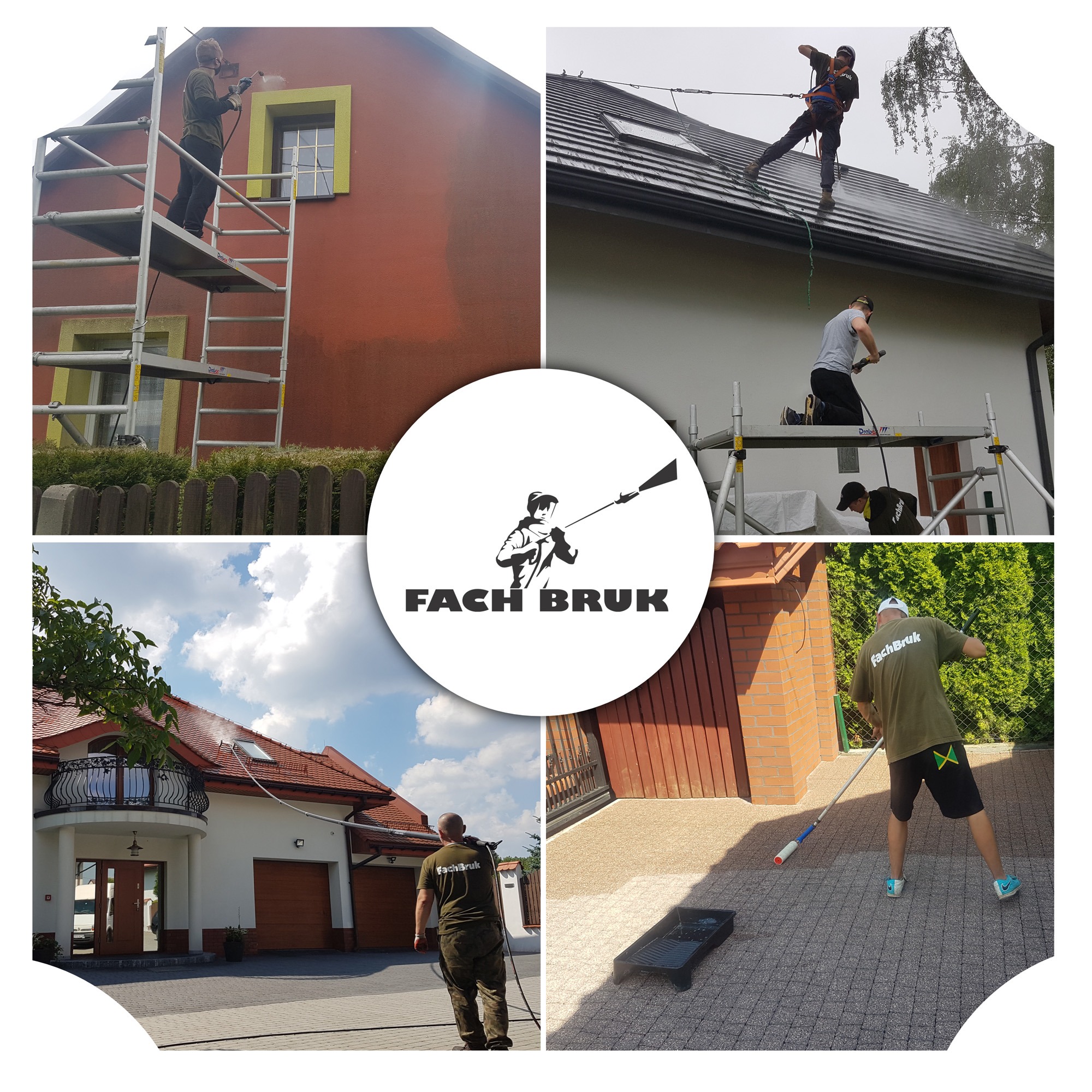 Montaż zdjęć: pracownik na rusztowaniu czyści elewację budynku, pracownik zabezpieczony linami czyści dach, pracownik czyści podjazd z kostki brukowej, logo firmy w centrum kolażu.