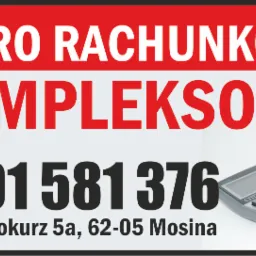 Tablica reklamowa biura rachunkowego z numerem telefonu, adresem i dłonią wpisującą dane na kalkulatorze Citizen CT-500Vs.