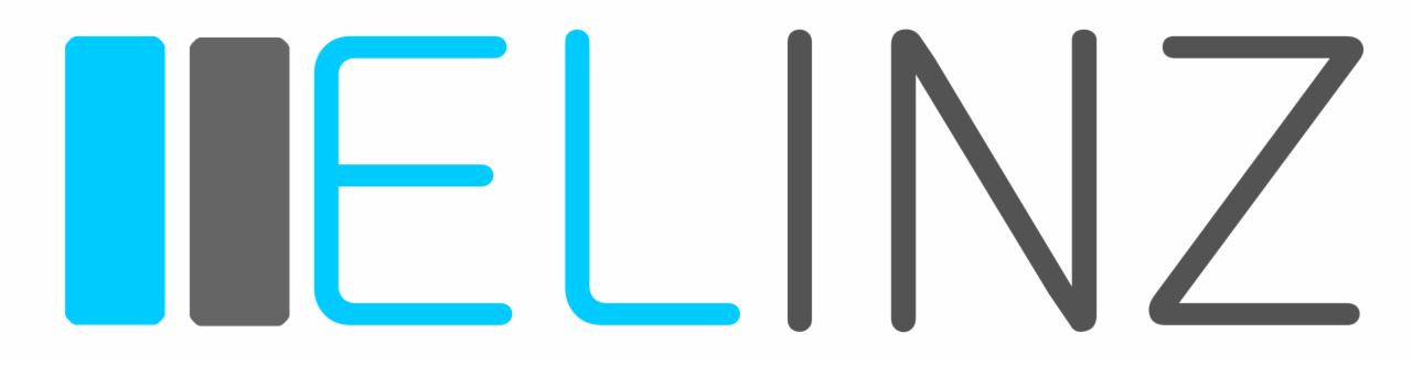 Logo firmy ELINZ z niebieskimi i szarymi elementami graficznymi na białym tle.