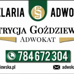 Wizytówka Kancelarii Adwokackiej Patrycja Goździewska z zielonym logo, numerem telefonu i adresami internetowymi.
