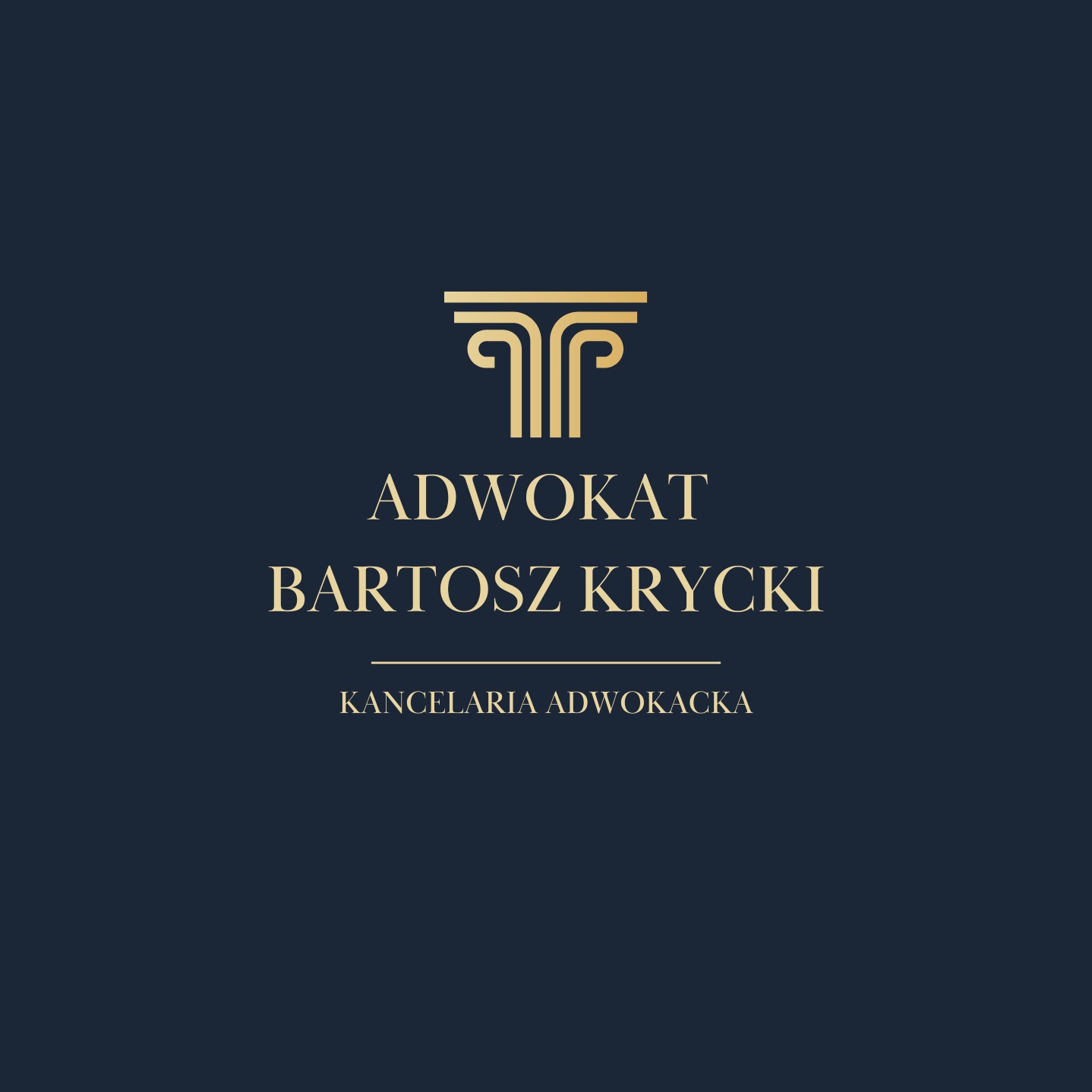 Eleganckie logo kancelarii adwokackiej: złoty symbol kolumny, imię i nazwisko adwokata Bartosz Krycki na granatowym tle. Minimalistyczny design.