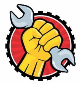 Grafika: Żółta pięść trzymająca klucze francuskie na tle czerwonego okręgu z czarnymi zębami, symbolizująca usługi remontowe lub naprawcze.