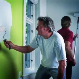 Mężczyzna maluje zieloną ścianę na biało za pomocą wałka, drugi mężczyzna w tle r&oacute;wnież z wałkiem, okno w tle.