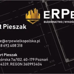 Grafika firmowa: logo ERPE z sylwetką miasta, dane kontaktowe Roberta Pieszaka oraz informacja o budownictwie, wykończeniach i serwisie na tle planu architektonicznego.