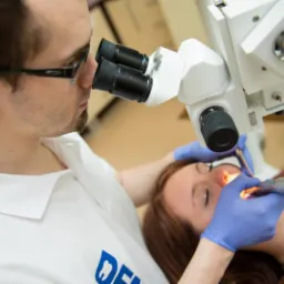 Stomatolog w okularach, pochylony nad pacjentką podczas zabiegu z użyciem mikroskopu stomatologicznego i ssaka, w niebieskich rękawiczkach.
