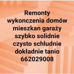 Grafika reklamowa: Schody w odcieniach brzoskwini z napisem 'Remonty wykończenia domów mieszkań garaży szybko solidnie czysto schludnie dokładnie tanio 662029008'.