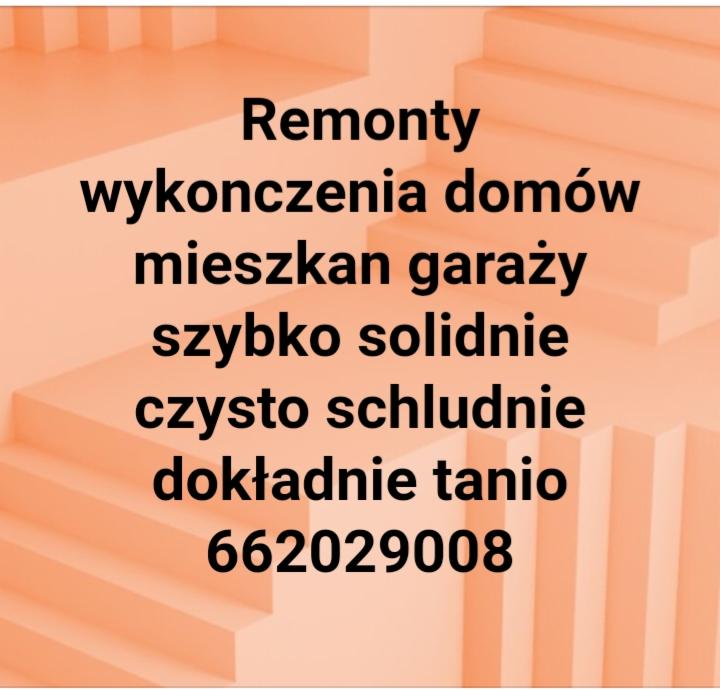Grafika reklamowa: Schody w odcieniach brzoskwini z napisem 'Remonty wykończenia domów mieszkań garaży szybko solidnie czysto schludnie dokładnie tanio 662029008'.