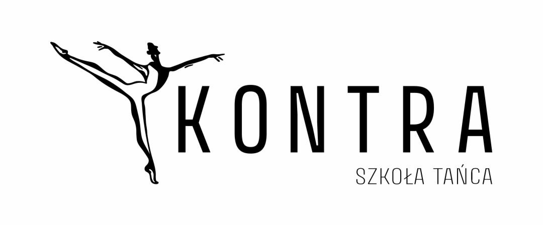 Czarno-białe logo z sylwetką tancerki w arabesce i nazwą 'KONTRA' oraz dopiskiem 'SZKOŁA TAŃCA' poniżej.