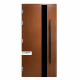 Brązowe skrzydło z czarnym, pionowym pasem na środku i długim, prostokątnym uchwytem, widoczne zawiasy i logo producenta w lewym dolnym rogu.