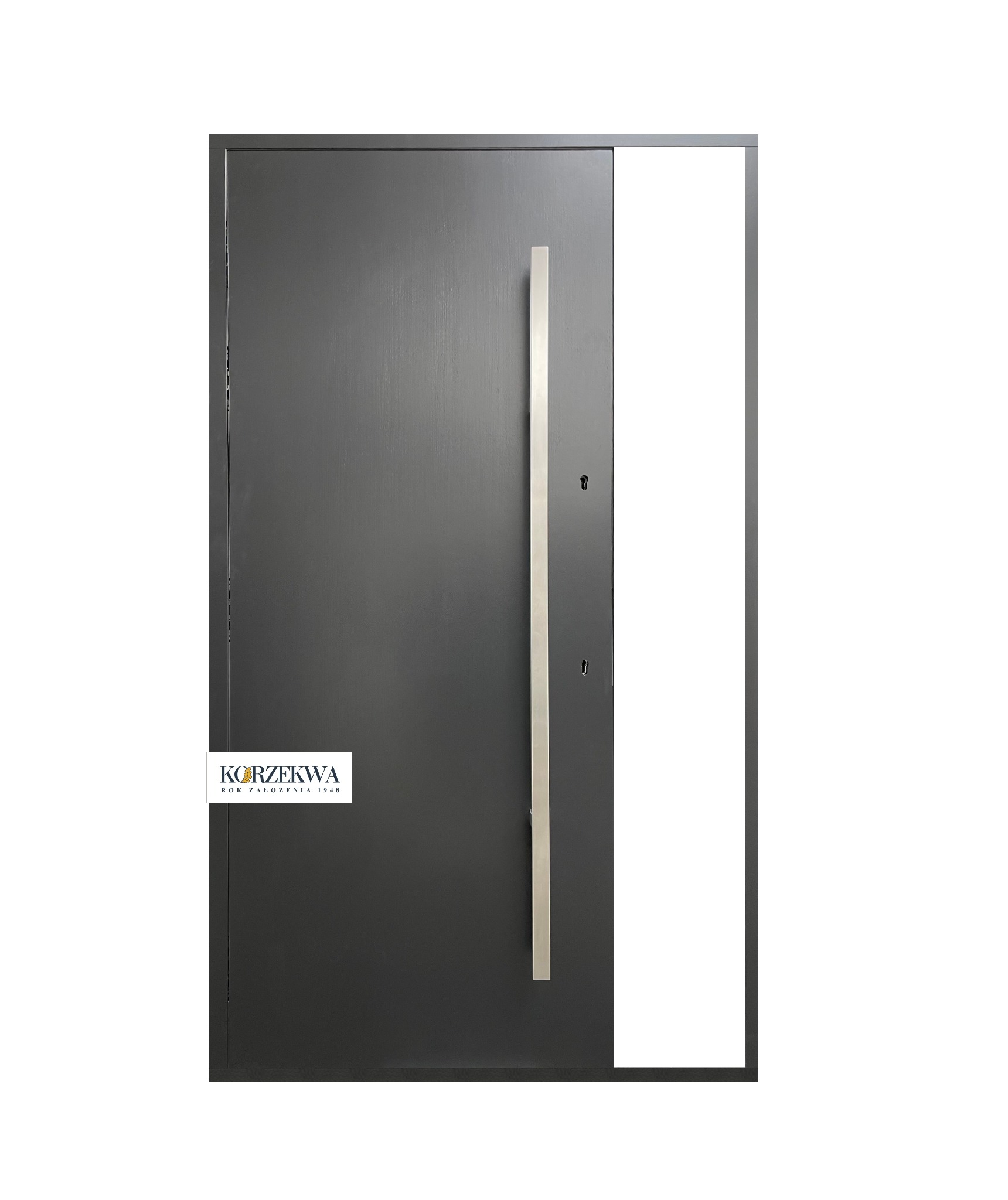 Szare skrzydło z długim, pionowym, metalowym uchwytem i otworem wizyjnym po prawej stronie, widoczne dwa zamki, logo producenta w lewym dolnym rogu.