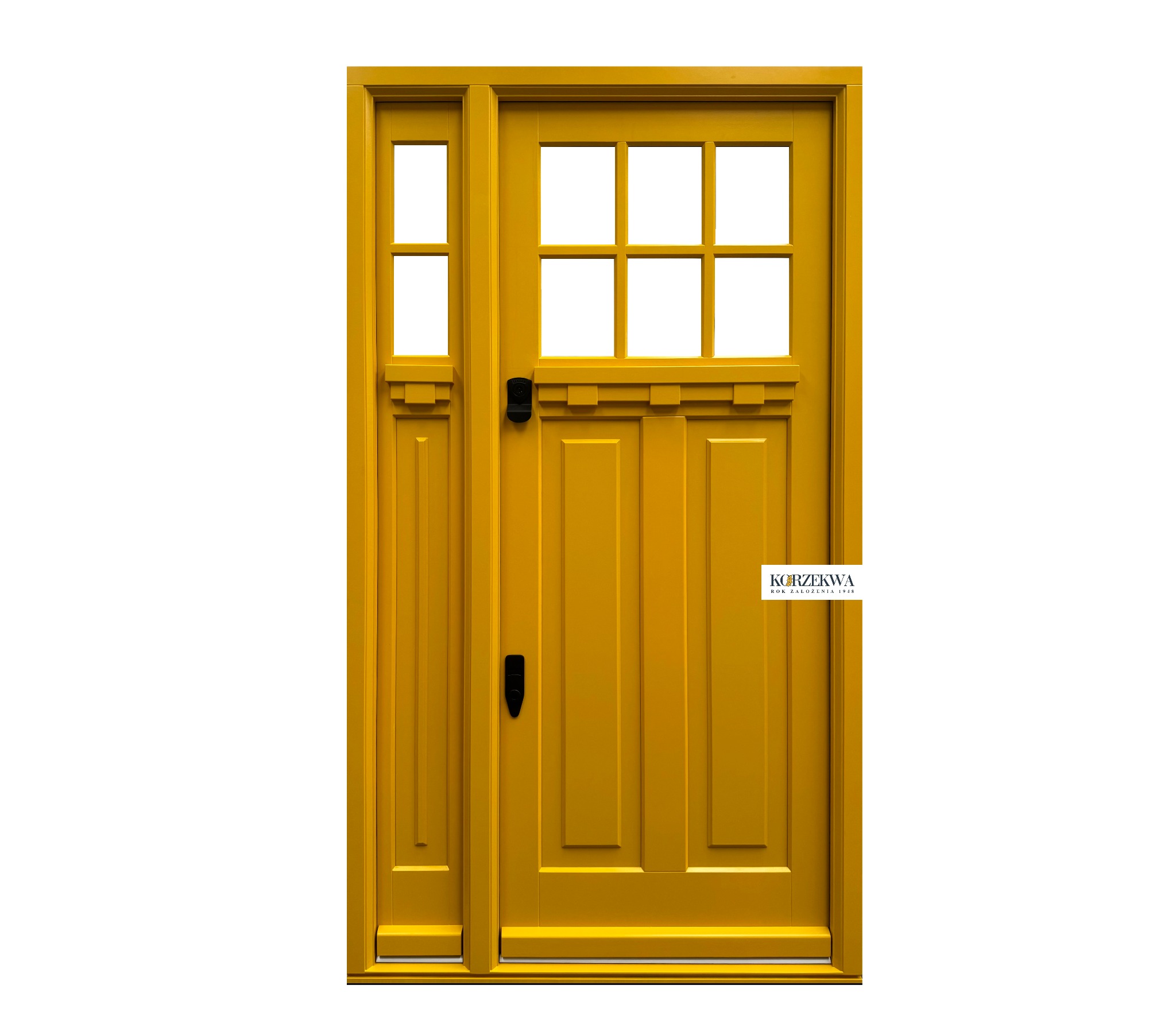 Żółte, malowane na gładko wejście z bocznym panelem i górnymi szybkami, widoczne logo firmy w prawym dolnym rogu.