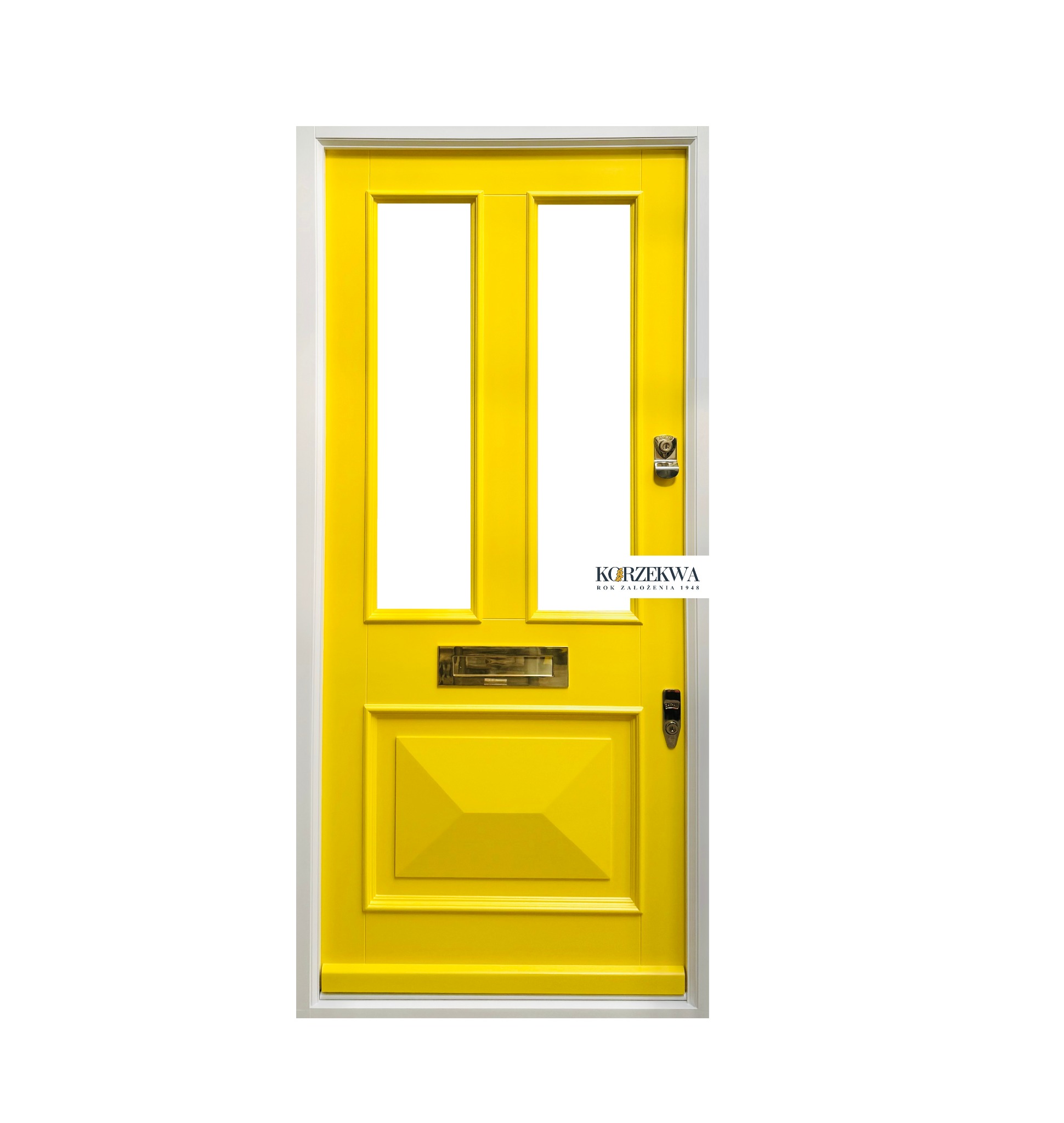 Żółte skrzydło z dwoma przeszkleniami i skrzynką na listy, biała ościeżnica, widoczne okucia i logo producenta.