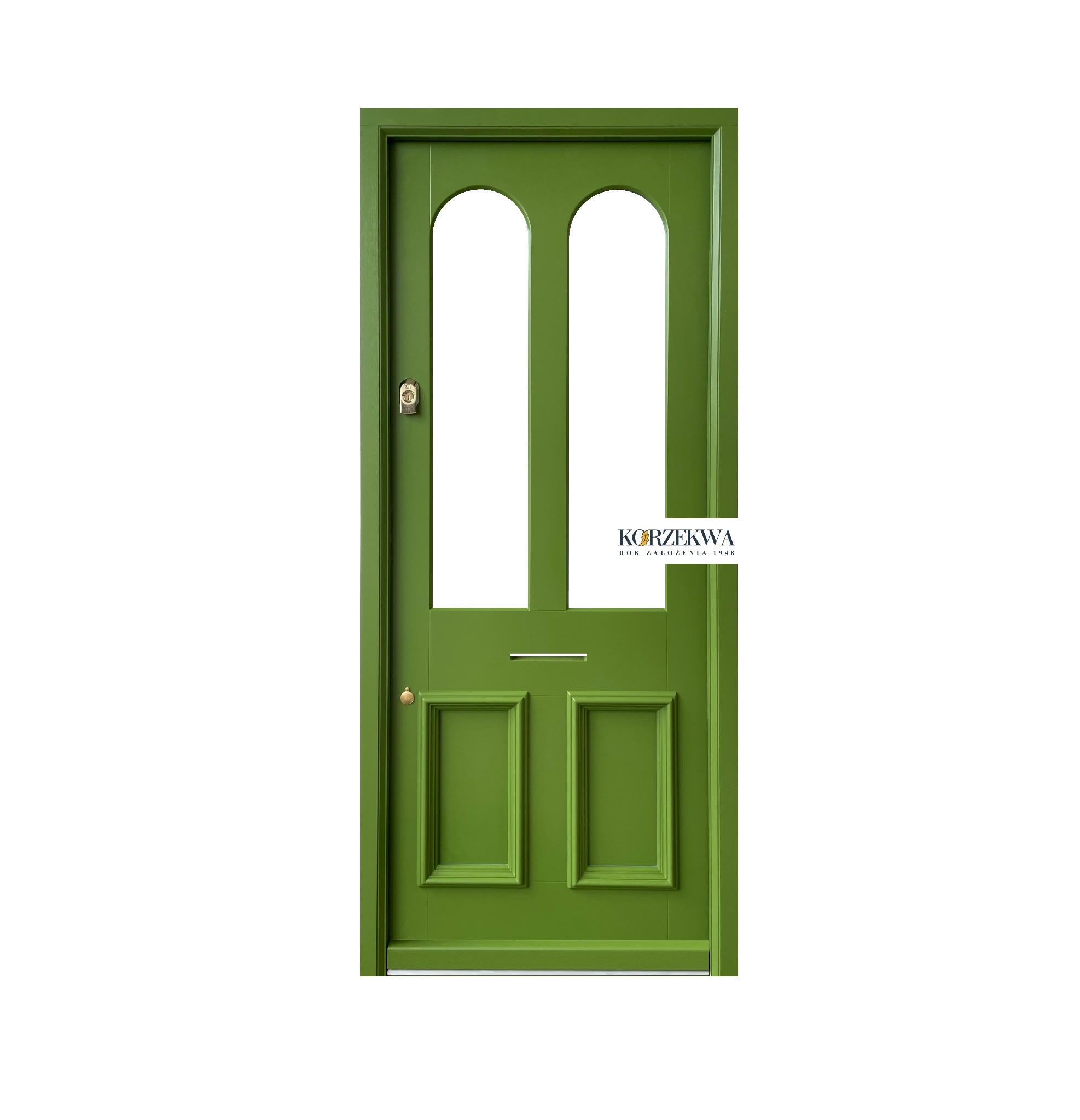 Zielone drzwi wejściowe z dwoma podłużnymi przeszkleniami o zaokrąglonych górnych krawędziach, wyposażone w wizjer i skrzynkę na listy.