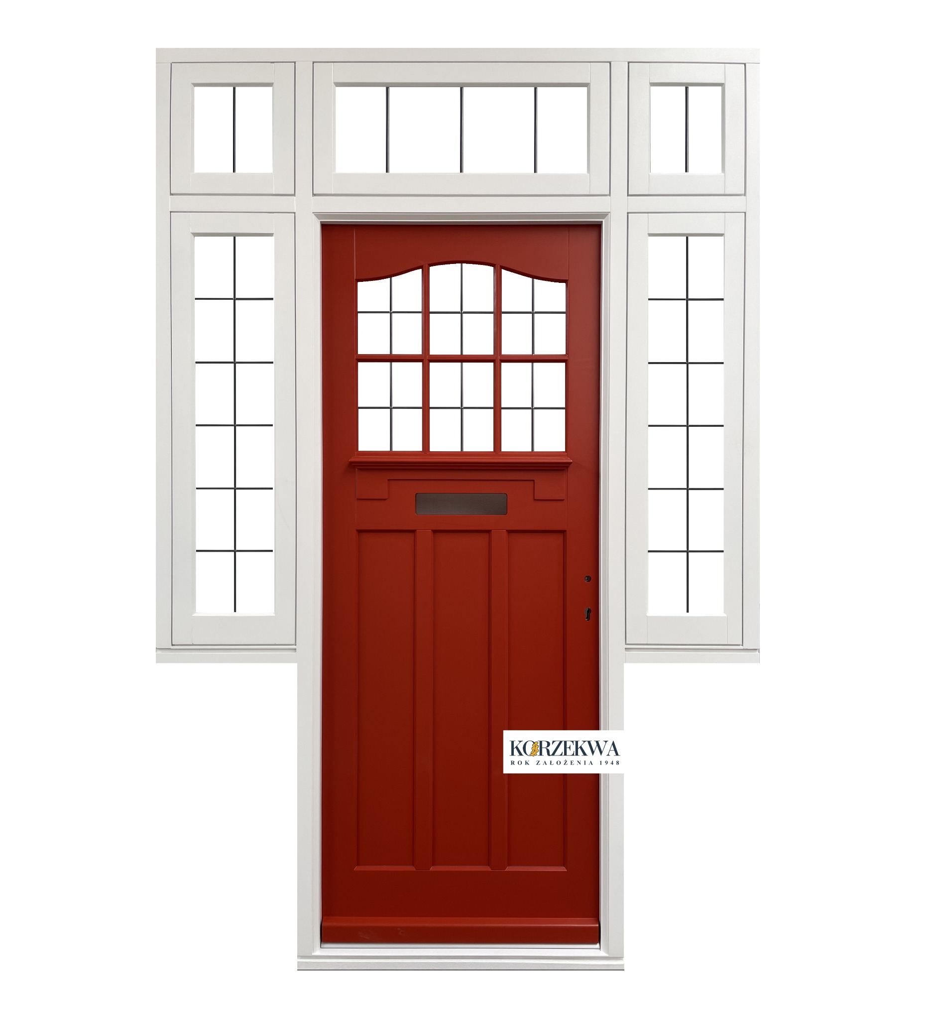 Czerwona stolarka z szybami, biała rama, nadświetle i boczne okna, logo firmy na dole.