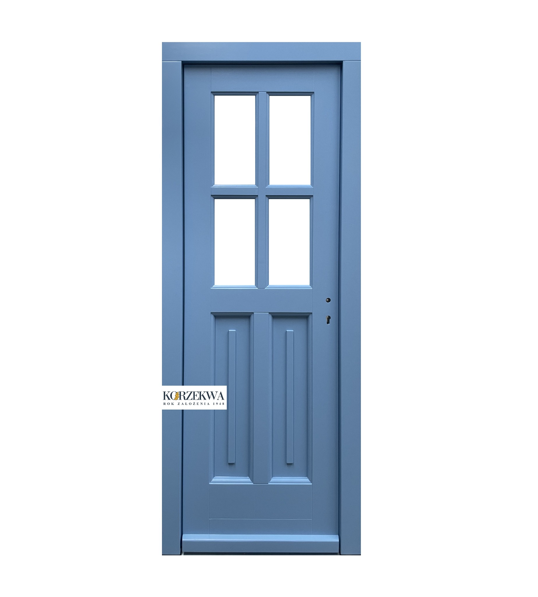 Błękitne skrzydło z czterema szybkami i panelem dolnym, widoczny zamek, logo producenta w lewym dolnym rogu.