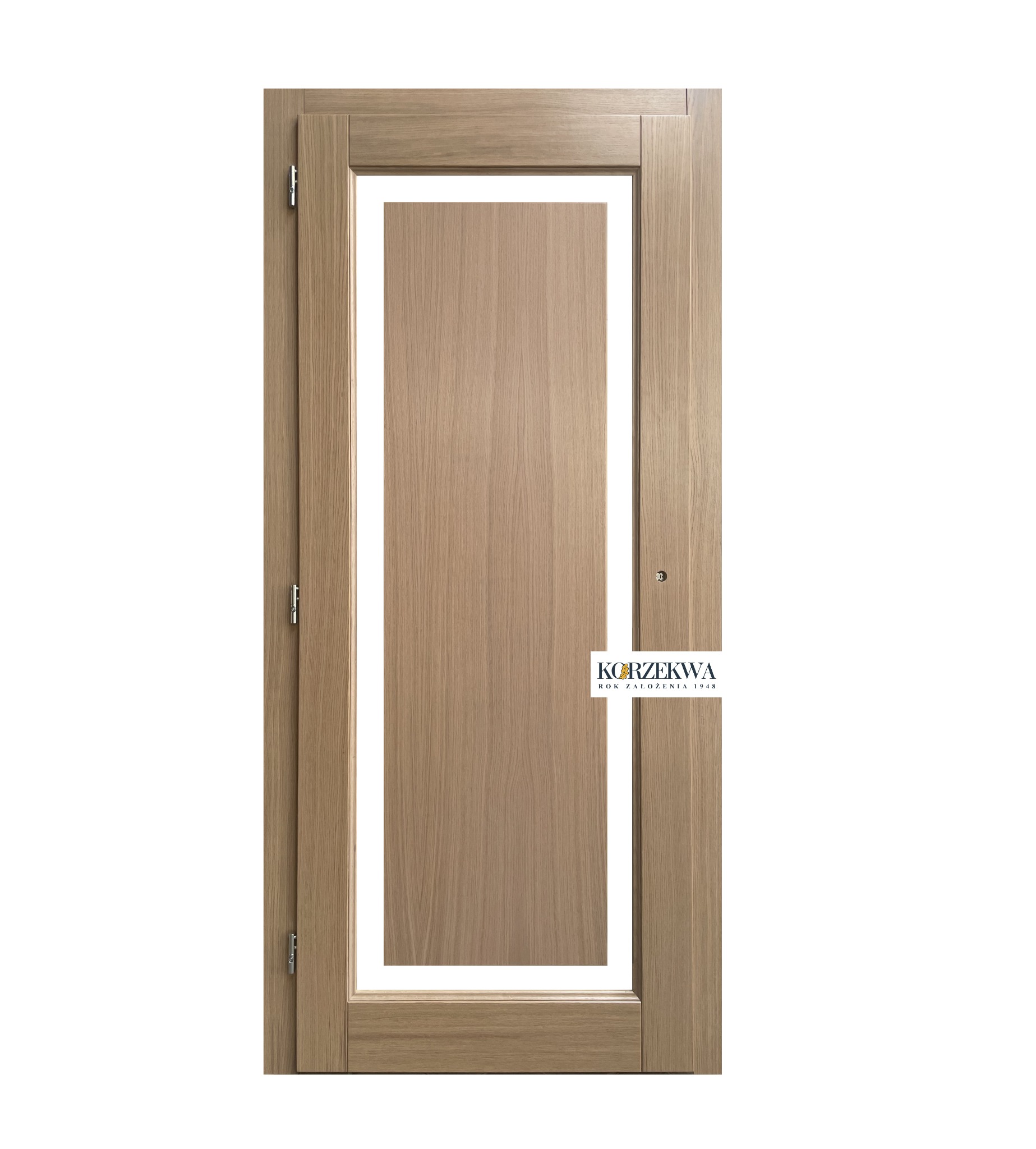 Beżowa konstrukcja z drewnopodobnego materiału z prostokątnym przeszkleniem, widoczne zawiasy i niewielki zamek, na dole logo producenta.