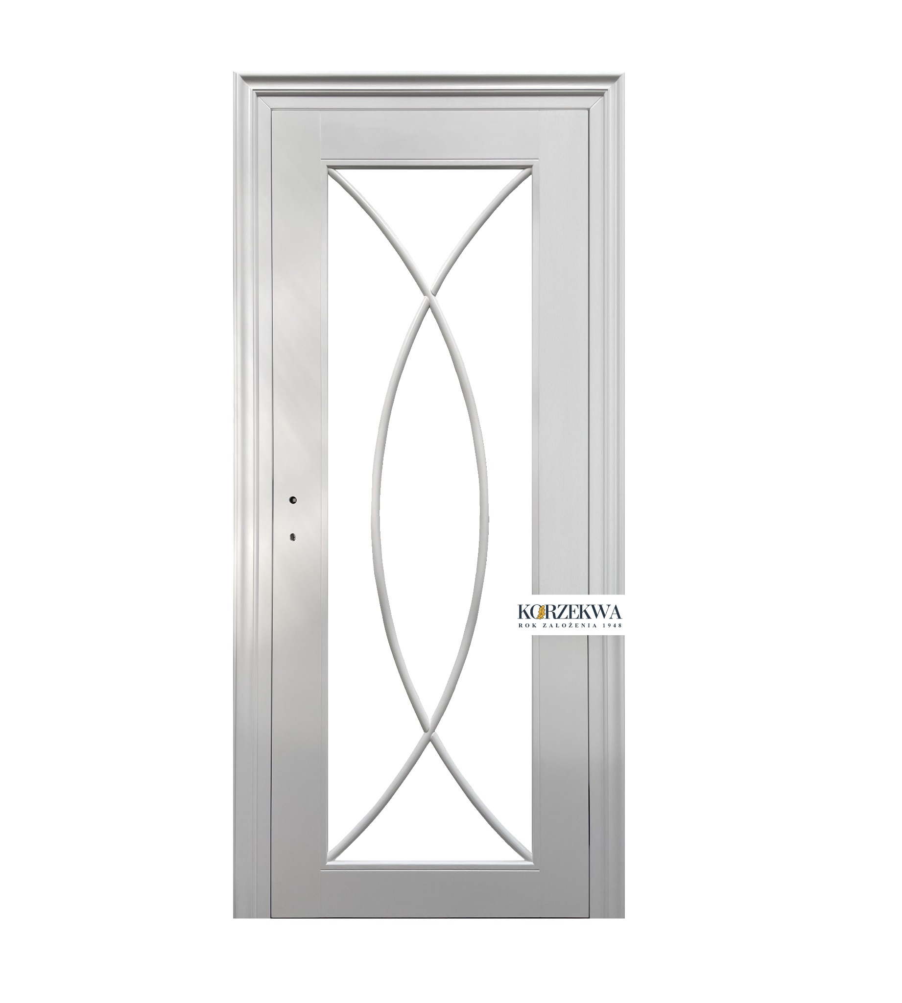 Białe drzwi wejściowe z dekoracyjnym szklanym panelem w kształcie krzyżujących się elips, prezentowane przez firmę z Wilkowiecka. Widoczny zamek i logo producenta.