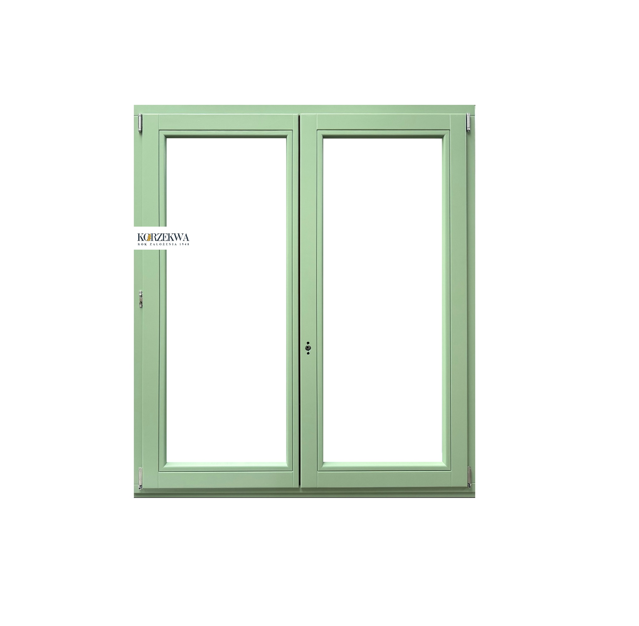 Zielone dwuskrzydłowe okno drewniane z widocznymi okuciami i zamkiem, na białym tle, z logo producenta w lewym górnym rogu.